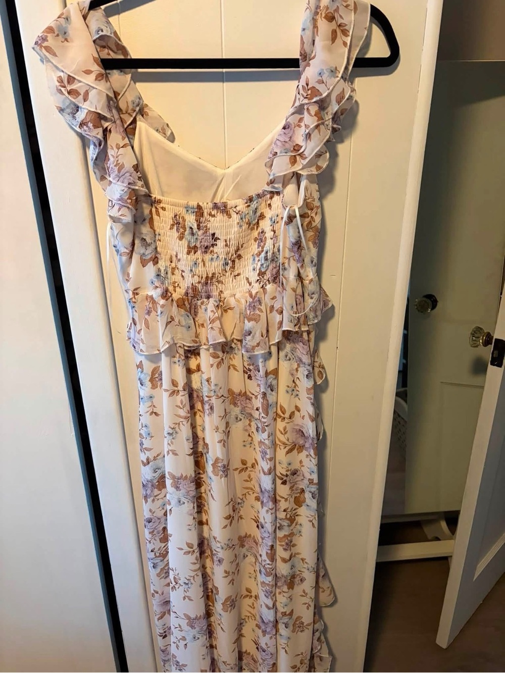 Floral Ruffle Maxi Dress in Cream and Dusty Rose
